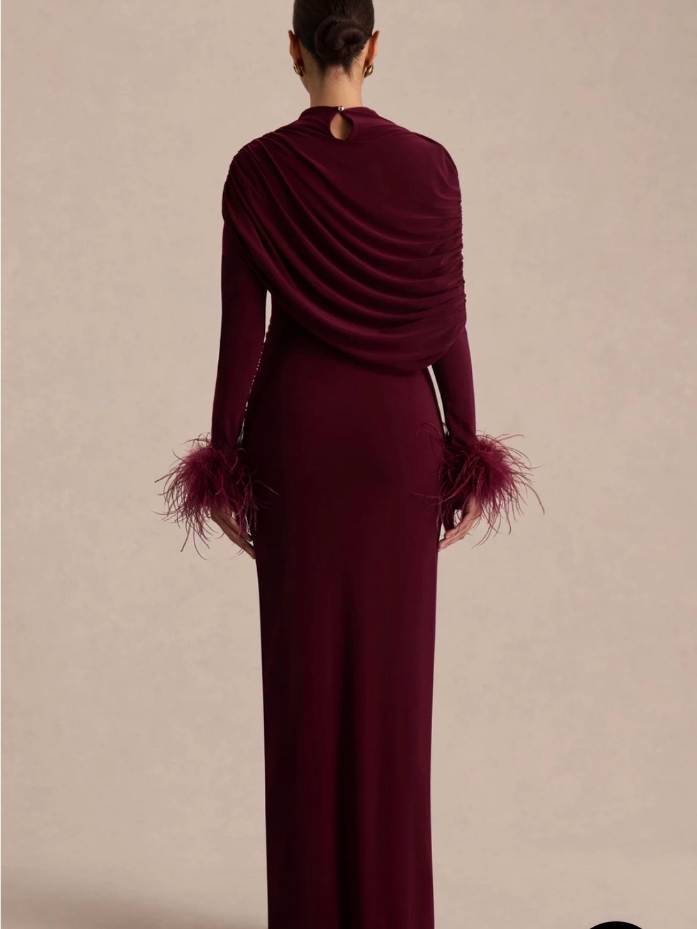 Gatsby | Burgundy High-Neck Maxi Dress With Feather Trim Cuffs